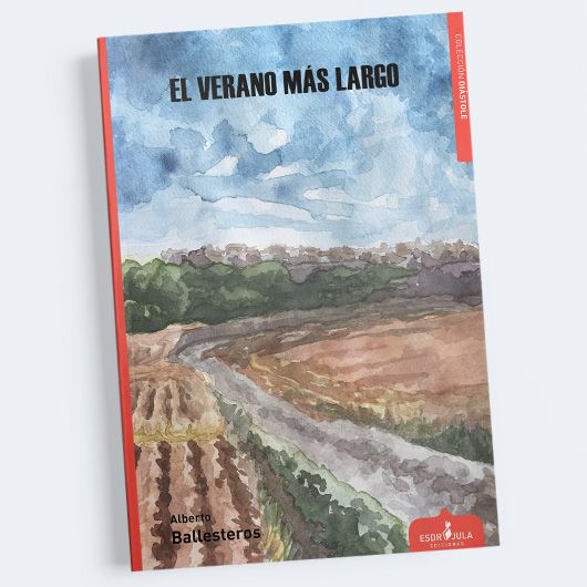 Portada del libro. La portada presenta una pintura de un paisaje rural con un camino que se extiende hacia un horizonte arbolado bajo un cielo nublado. La ilustración, realizada en acuarela, captura tonos terrosos y verdes, evocando una atmósfera tranquila y reflexiva.